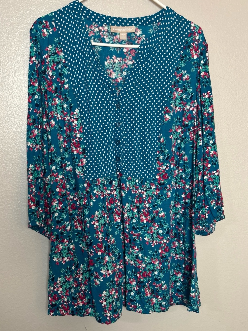 Woman Within Teal Floral & Polka Dot V-Neck Tunic Top